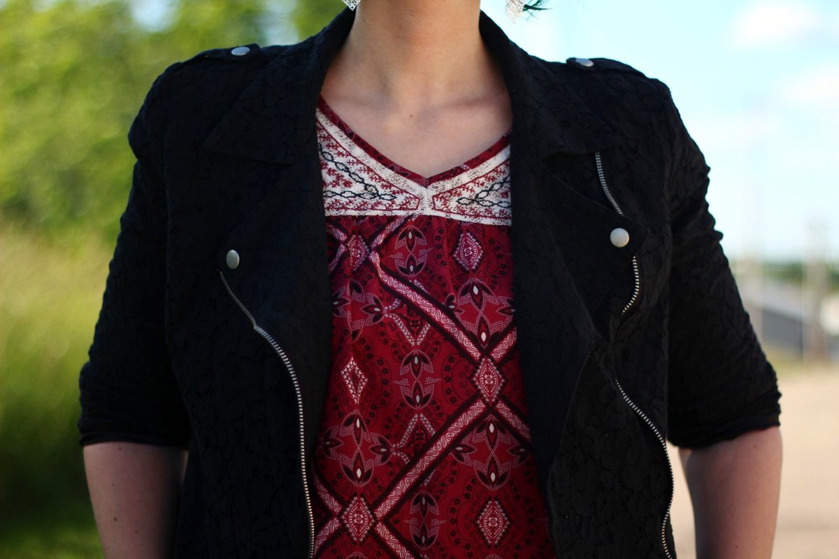 a boho style red peasant blouse and black lace moto jacket
