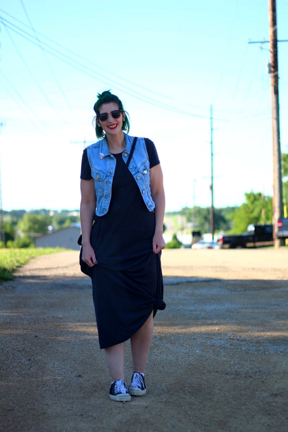 Outfit: gray ankle length maxi dress, light wash denim vest, thrifted crossbody bag, Darling Distraction enamel pins, ColourPop ultra matte lip color in Creeper, black and white sneakers