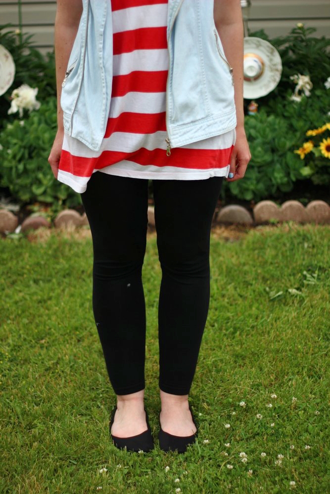 Outfit: red and white striped tunic, denim studded vest, black leggings, black flats