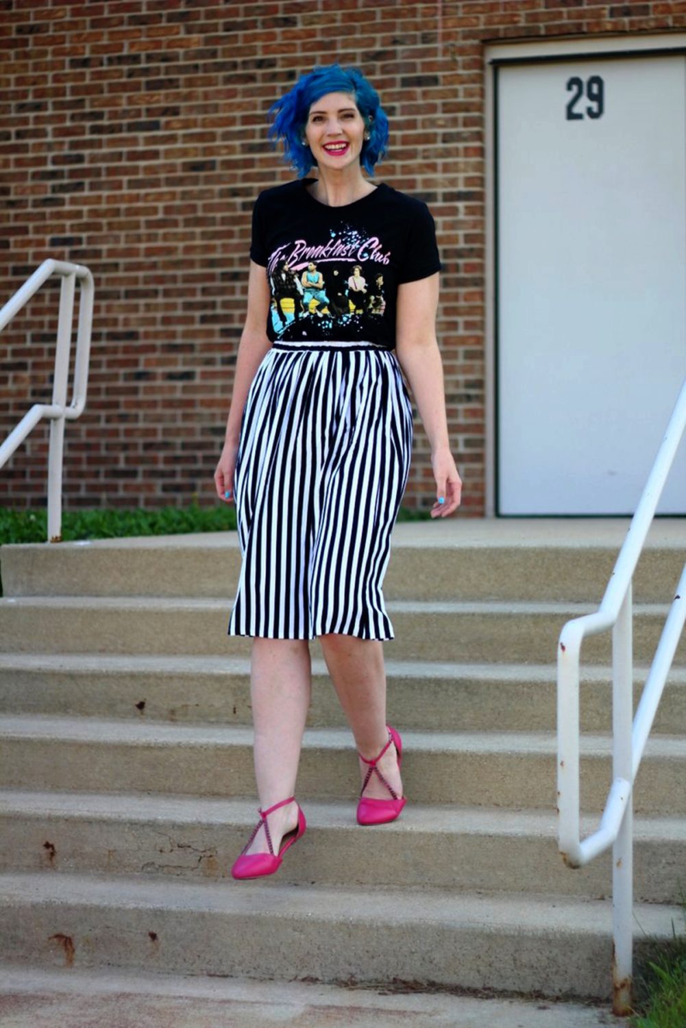 Outfit: Breakfast club graphic tee, black and white striped skirt, blue hair, pink lipstick, pink flats.