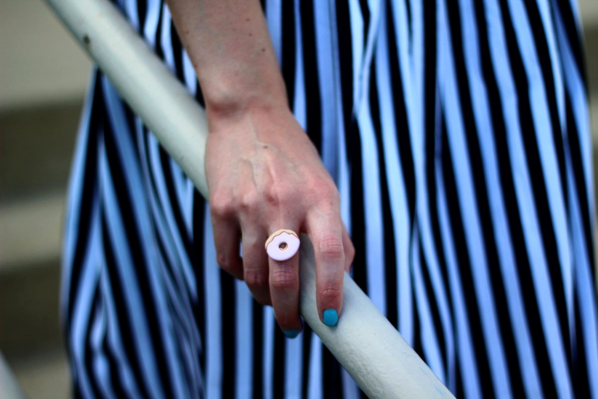 Outfit details: black and white striped skirt, DIY pink donut ring