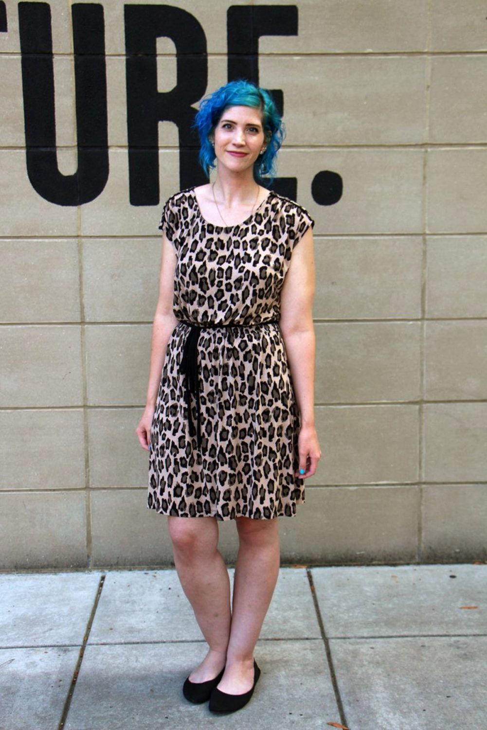 What I Wore On My Summer Vacation | theoutfitrepeater.com Outfit: leopard print dress, sky blue curly hair, black flats