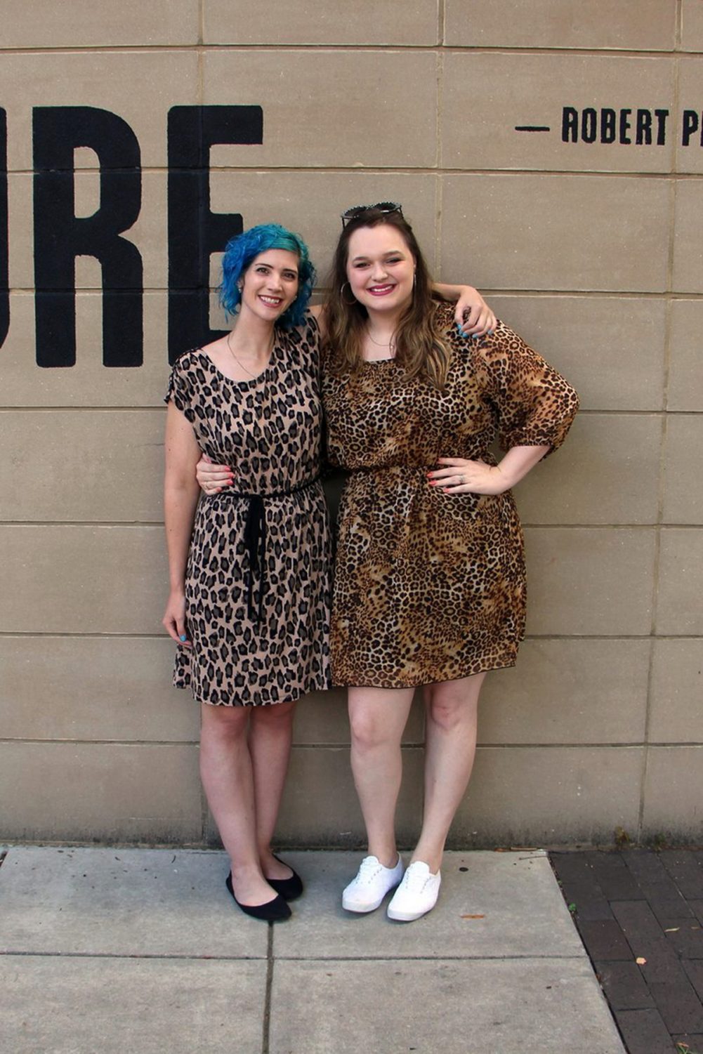 Outfits: leopard print dress, sky blue curly hair, black flats, white sneakers