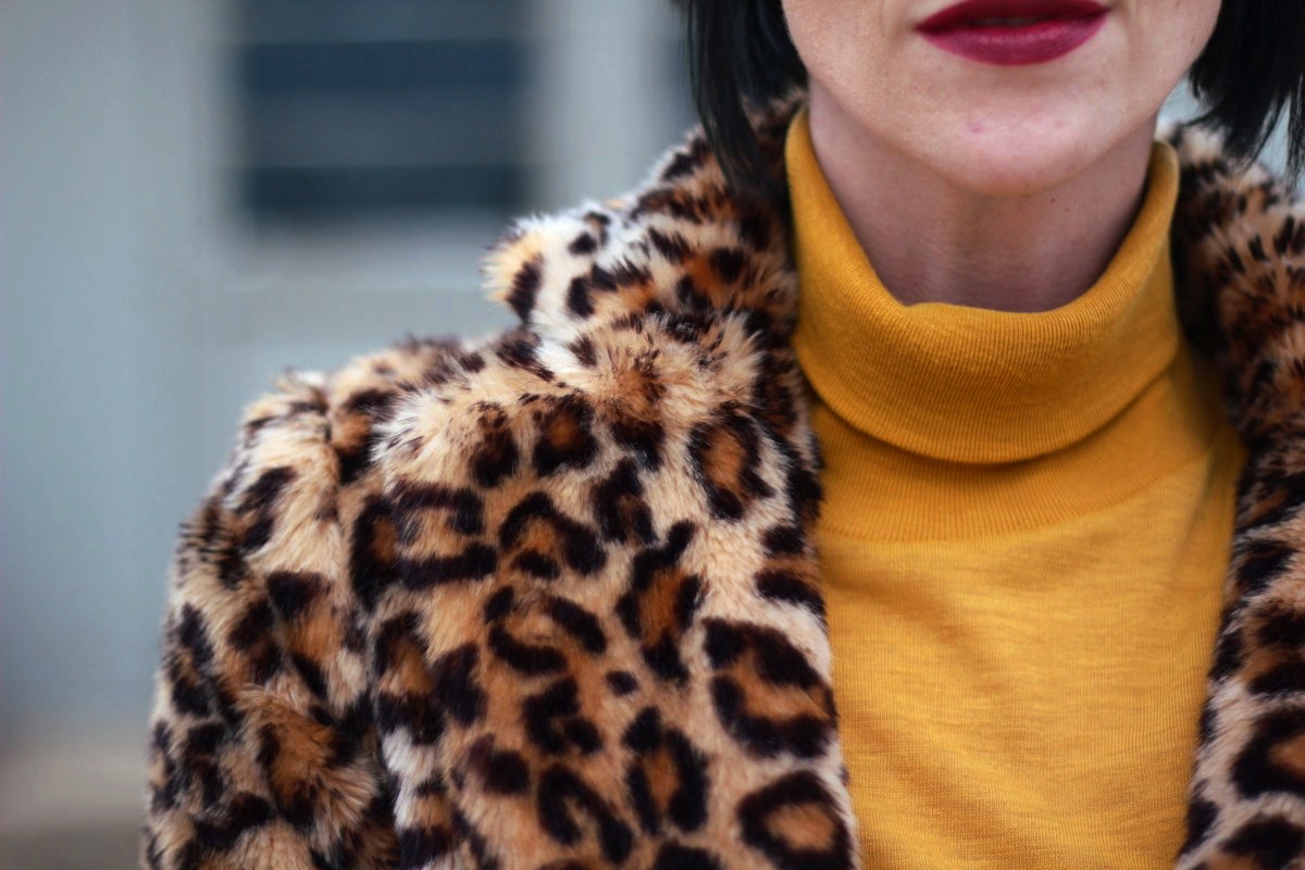 Outfit details: mustard yellow turtleneck leopard print coat