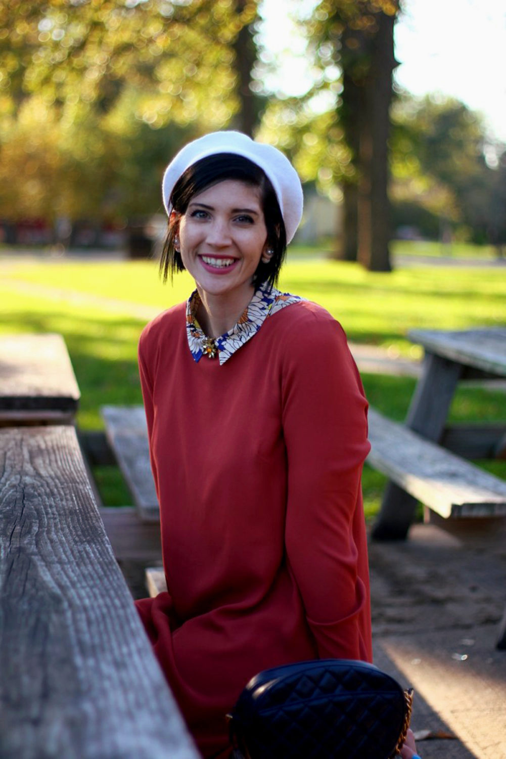 Outfit: Orange retro style dress, flower collar, jewel flower brooch, cream colored beret