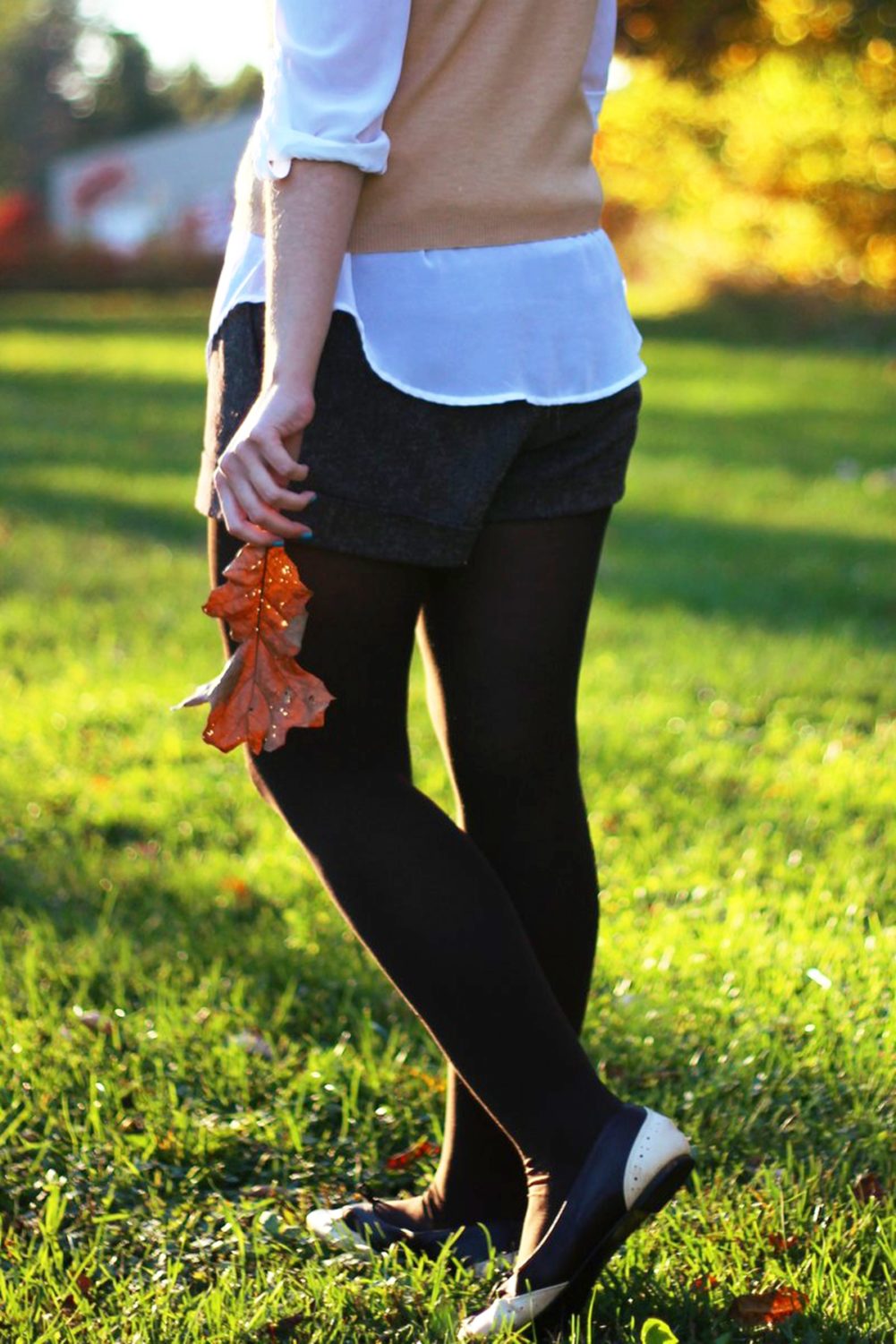 Outfit: White button down, vintage sweater vest, tweed shorts with tights, brown flats