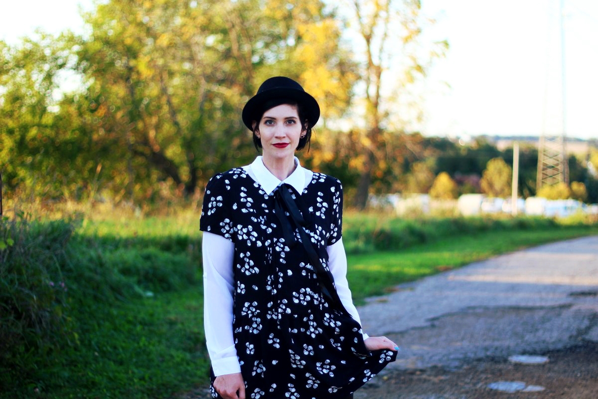 Outfit: Skull and crossbone dress, white button down, DIY ribbon, pork pie hat, dark lipstick