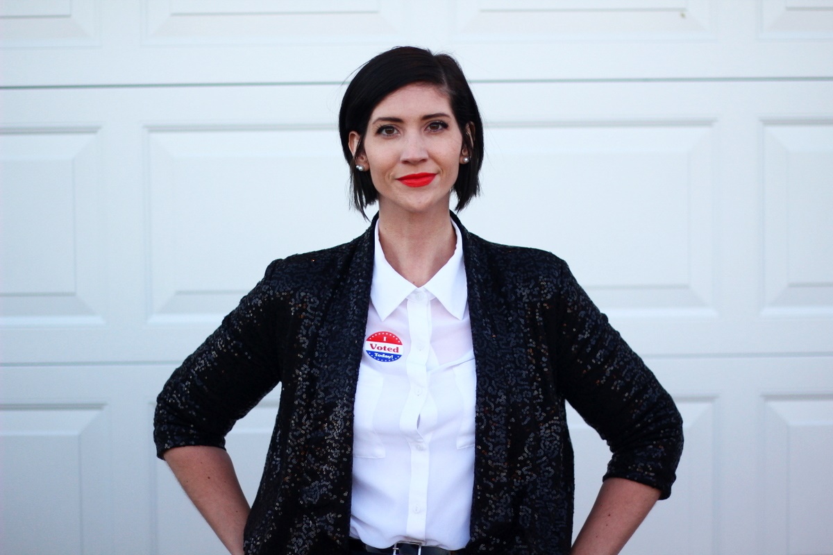 Election day outfit: white button up, red lipstick, I Voted sticker, black sequined blazer