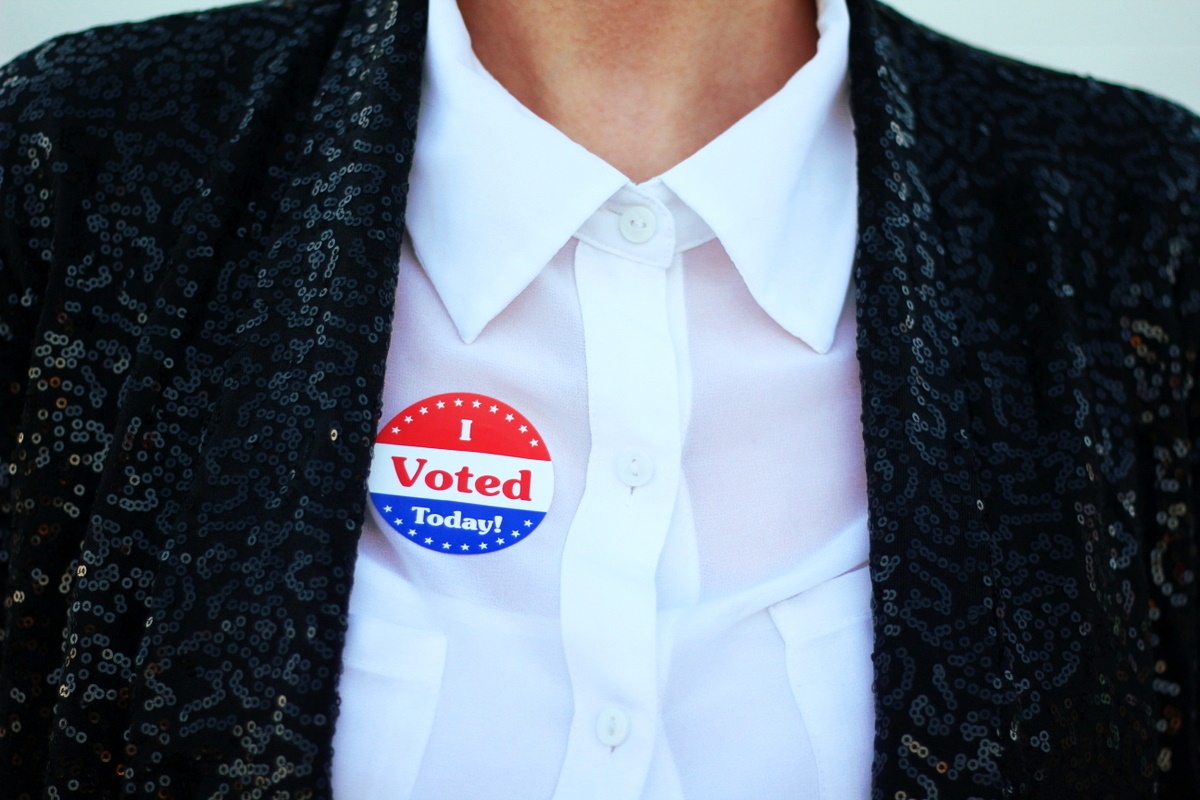 Election day outfit: white button up, I Voted sticker, black sequined blazer,