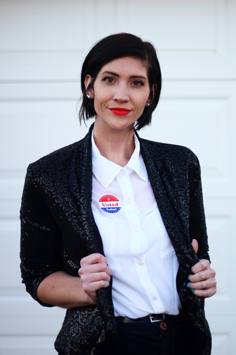 Election day outfit: white button up, red lipstick, I Voted sticker, black sequined blazer,