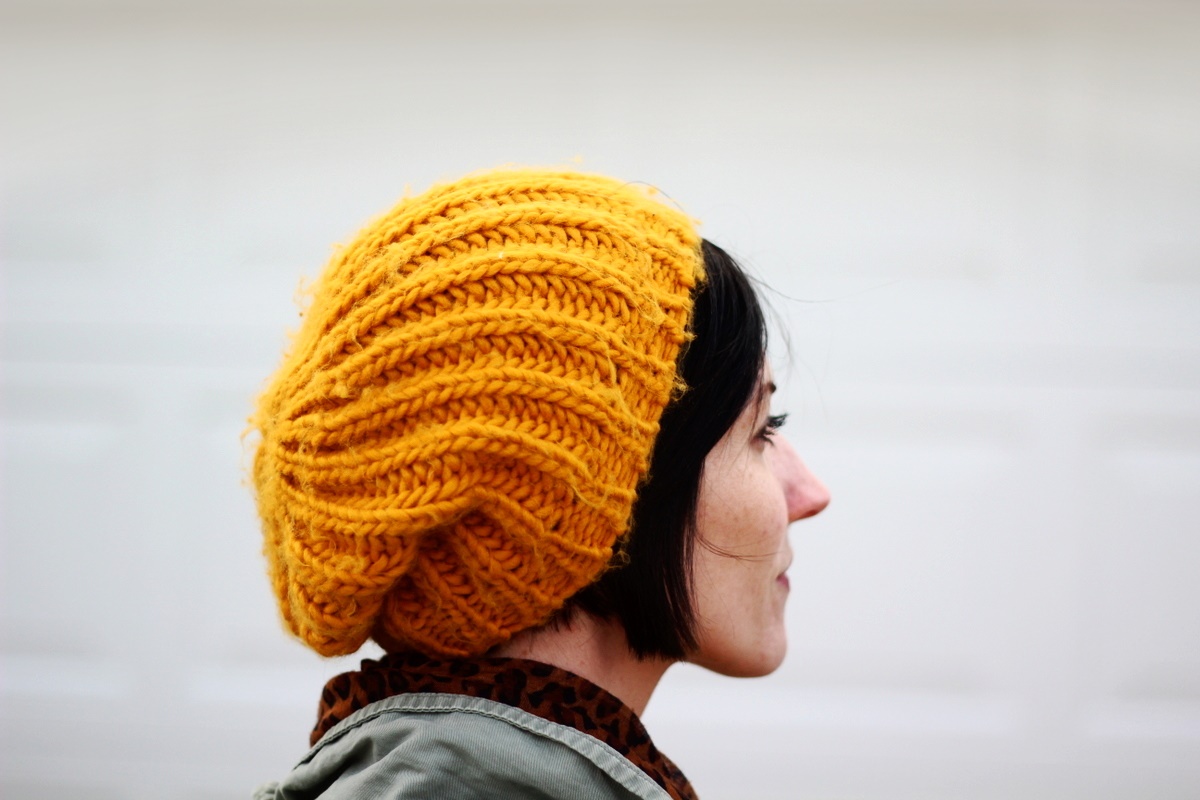 Outfit details: slouchy knit mustard yellow hat