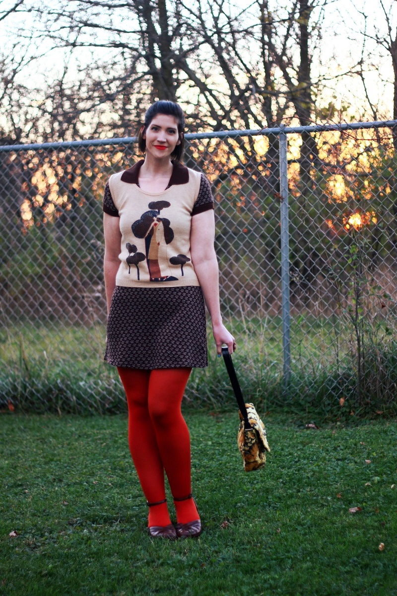 Outfit: Brown mini dress, vintage vest, orange lipstick, orange tights, ugly yellow purse, brown chunky heels