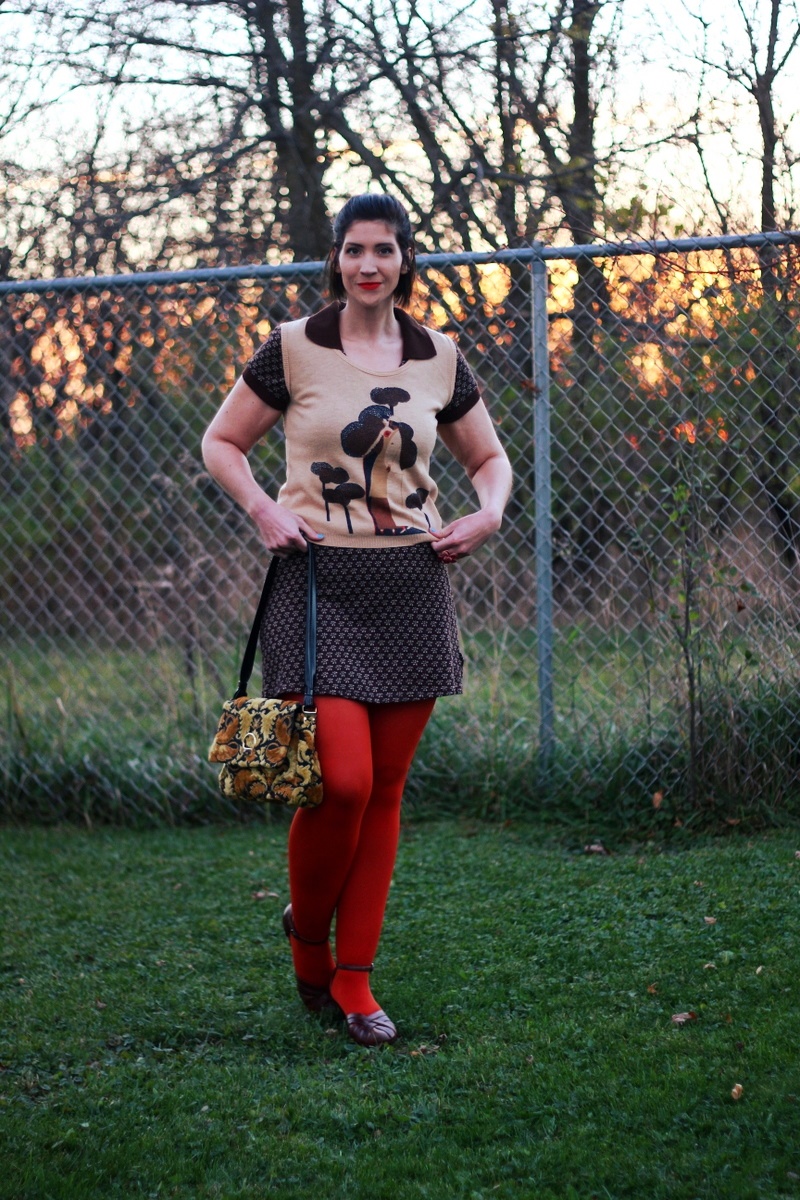 Outfit: Brown mini dress, vintage vest, orange lipstick, orange tights, ugly yellow purse, brown chunky heels