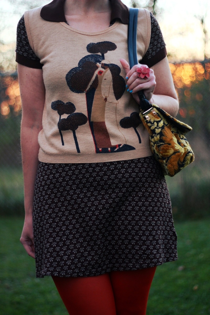 Outfit: Brown mini dress, vintage vest, orange lipstick, ugly yellow purse