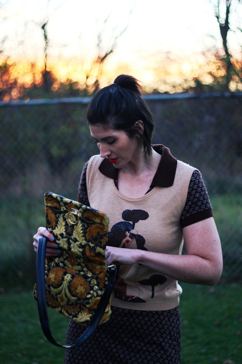 Outfit: Brown mini dress, vintage vest, orange lipstick, ugly yellow purse