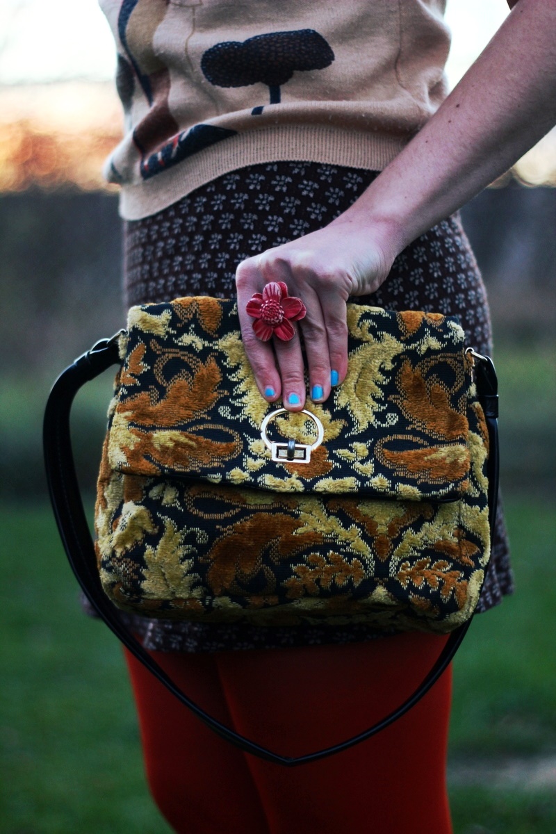Outfit: Brown mini dress, vintage vest, orange tights, ugly yellow purse