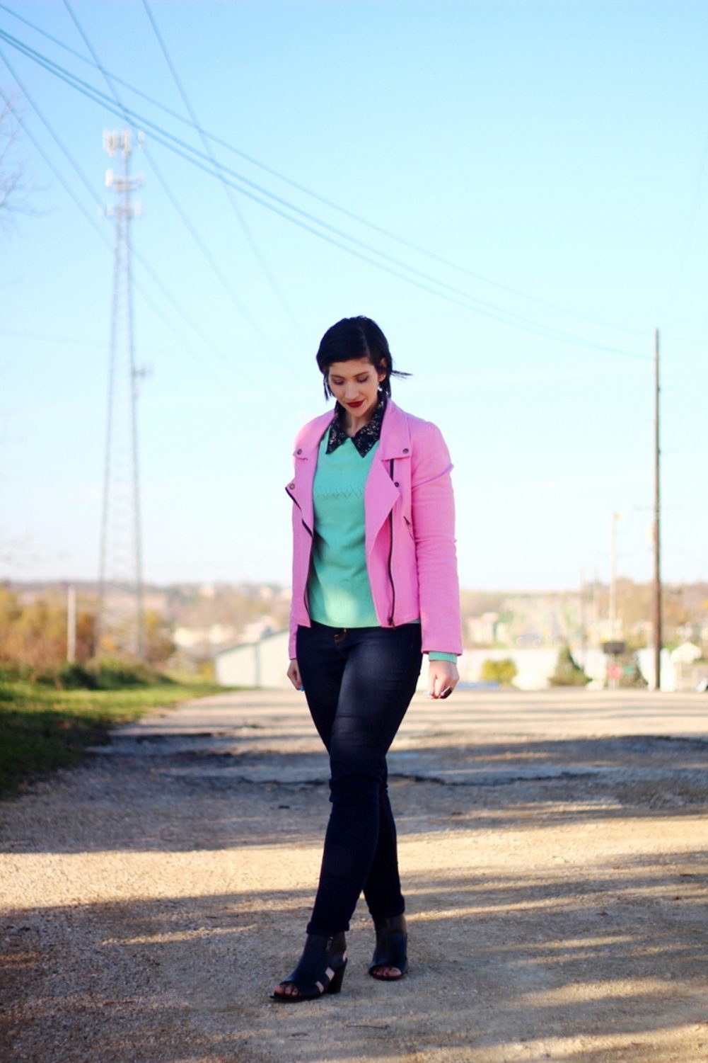 Outfit: Floral collar top, mint green sweater, bright pink jacket, dark lipstick, high waisted dark wash jeans, black cut out high heels
