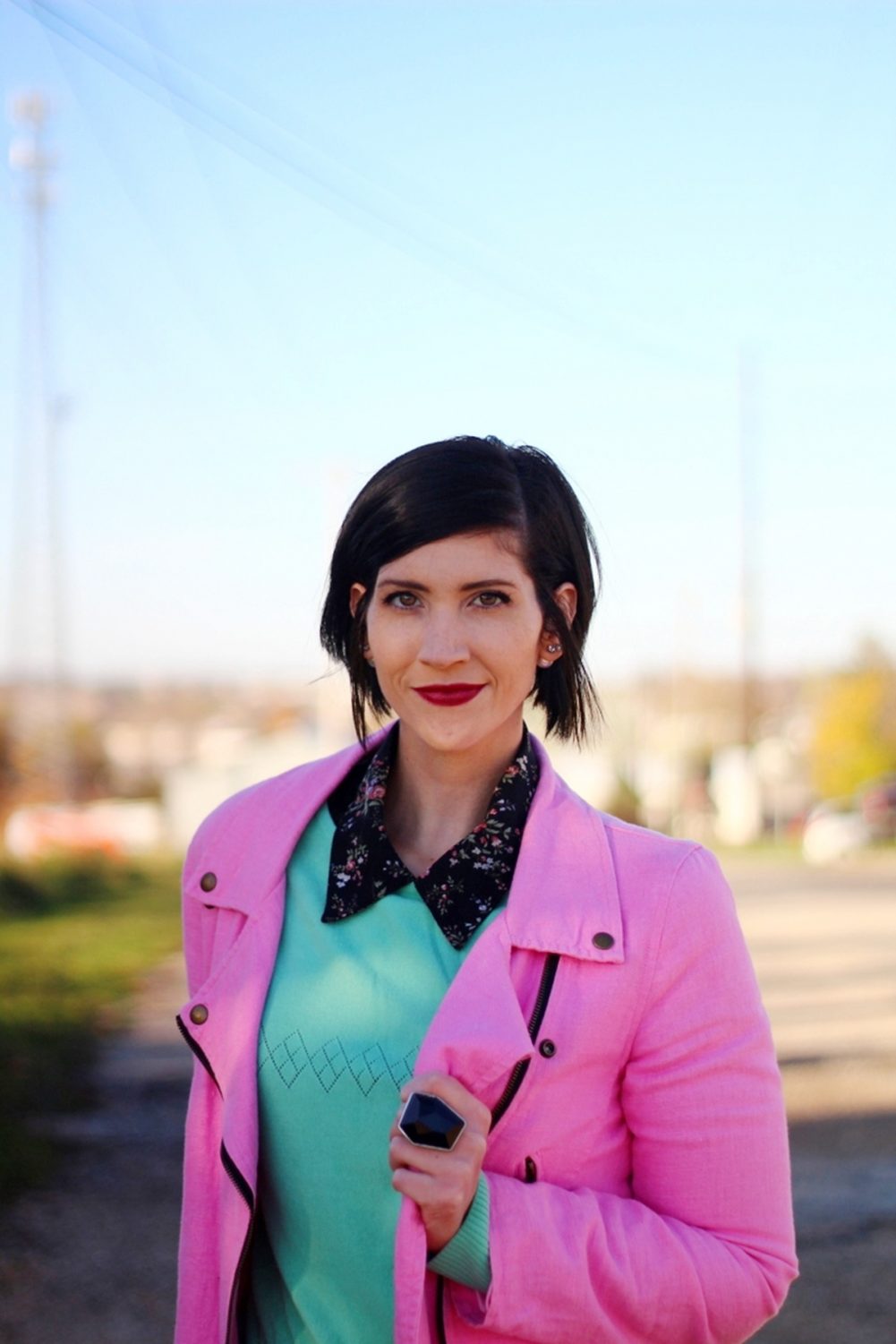 Outfit: Floral collar top, mint green sweater, bright pink jacket, dark lipstick
