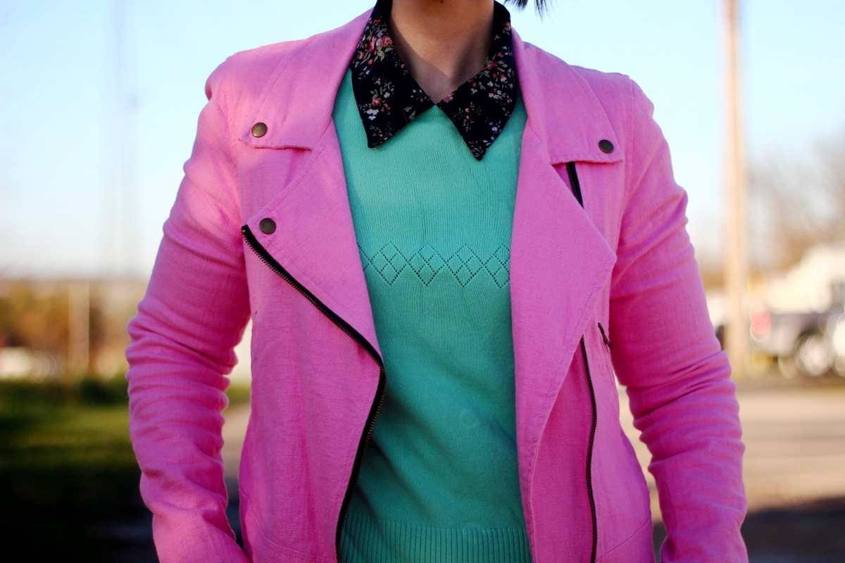 Outfit: Floral collar top, mint green sweater, bright pink jacket