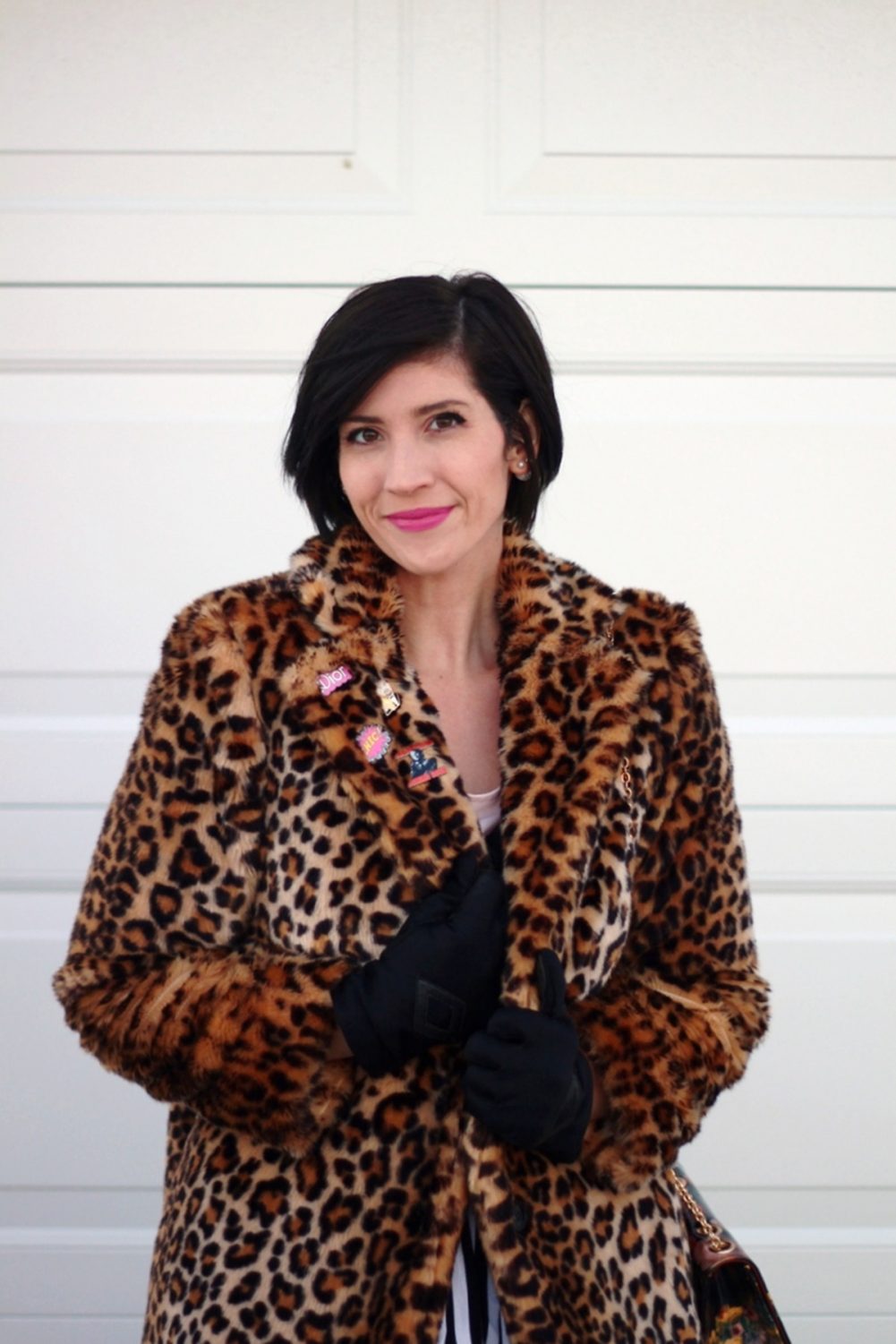 Outfit: leopard print coat, cool enamel pins