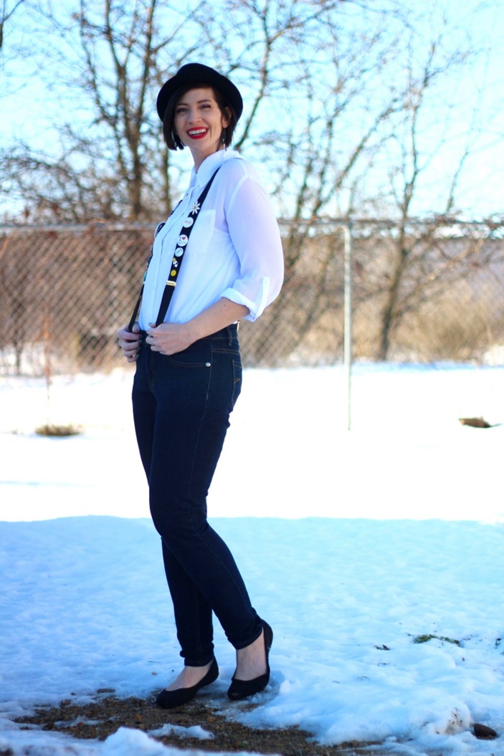 George Michael 1980s inspired outfit Monkey white button up jeans suspenders flair pork pie hat red lipstick