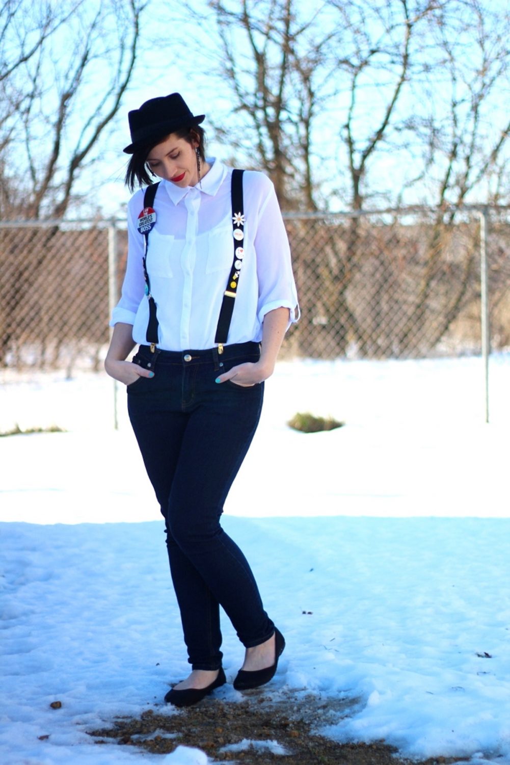 George Michael 1980s inspired outfit Monkey white button up jeans suspenders flair pork pie hat red lipstick