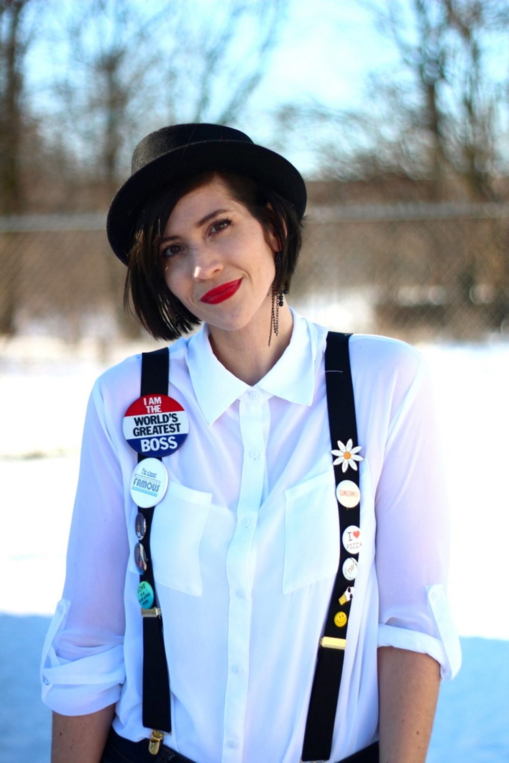 George Michael 1980s inspired outfit Monkey white button up jeans suspenders flair pork pie hat red lipstick