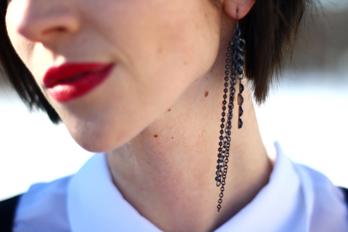 George Michael 1980s inspired outfit Monkey white button up jeans suspenders flair pork pie hat red lipstick