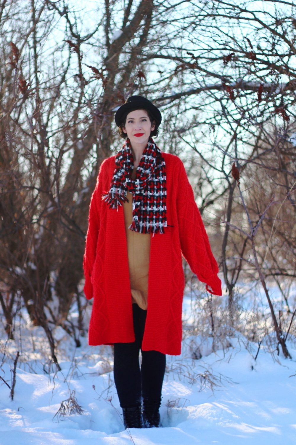 1980s John Hughes inspired outfit oversized red cardigan winter