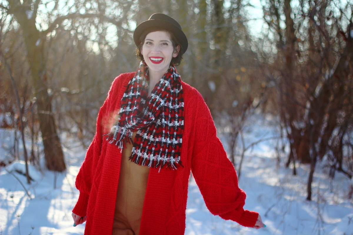 1980s John Hughes inspired outfit oversized red cardigan winter