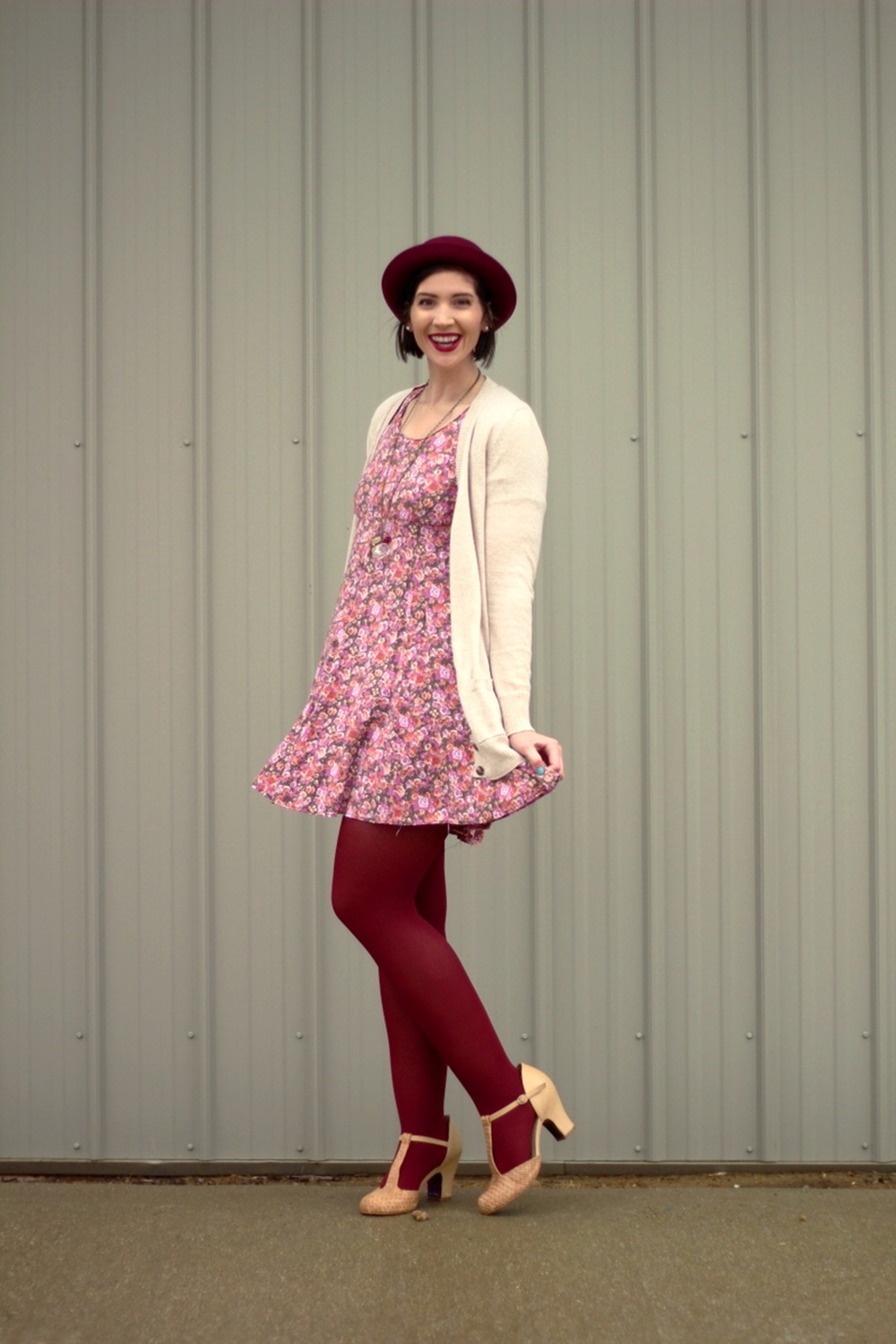 Valentine's Day outfit Thrifted floral dress, beige cardigan, bowler hat, dark lipstick, maroon tights, beige t-strap style high heels