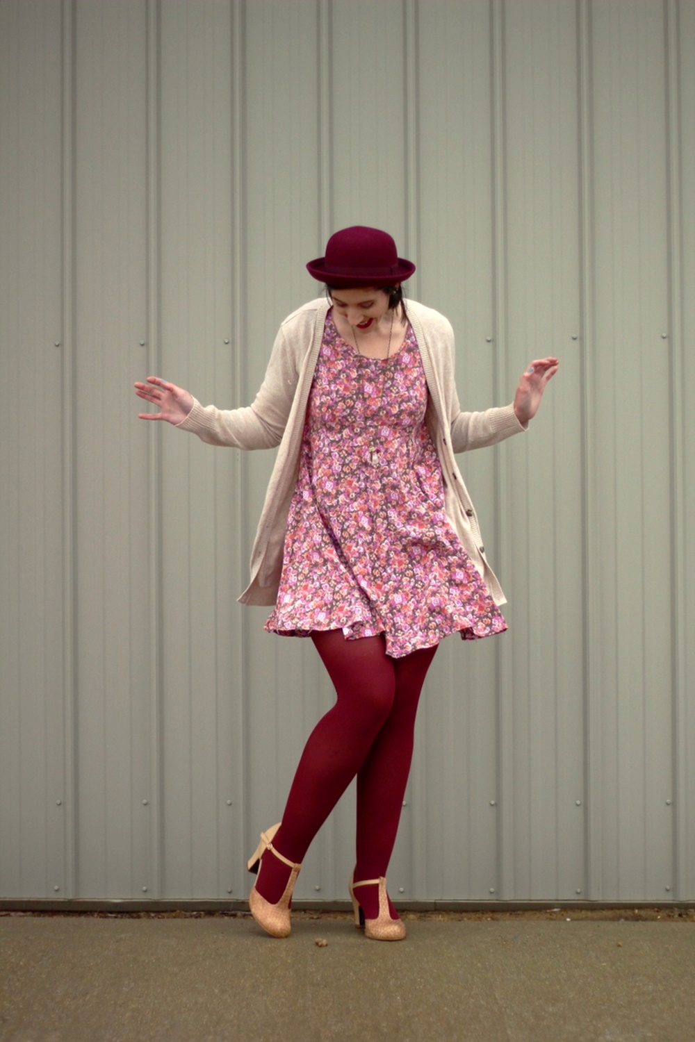 Valentine's Day outfit Thrifted floral dress, beige cardigan, bowler hat, dark lipstick, maroon tights, beige t-strap style high heels