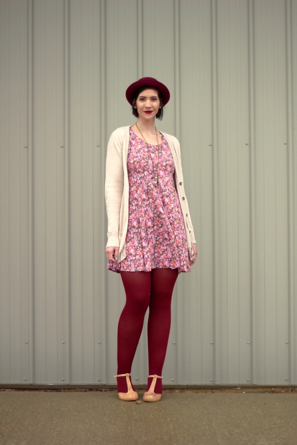 Valentine's Day outfit Thrifted floral dress, beige cardigan, bowler hat, dark lipstick, maroon tights, beige t-strap style high heels