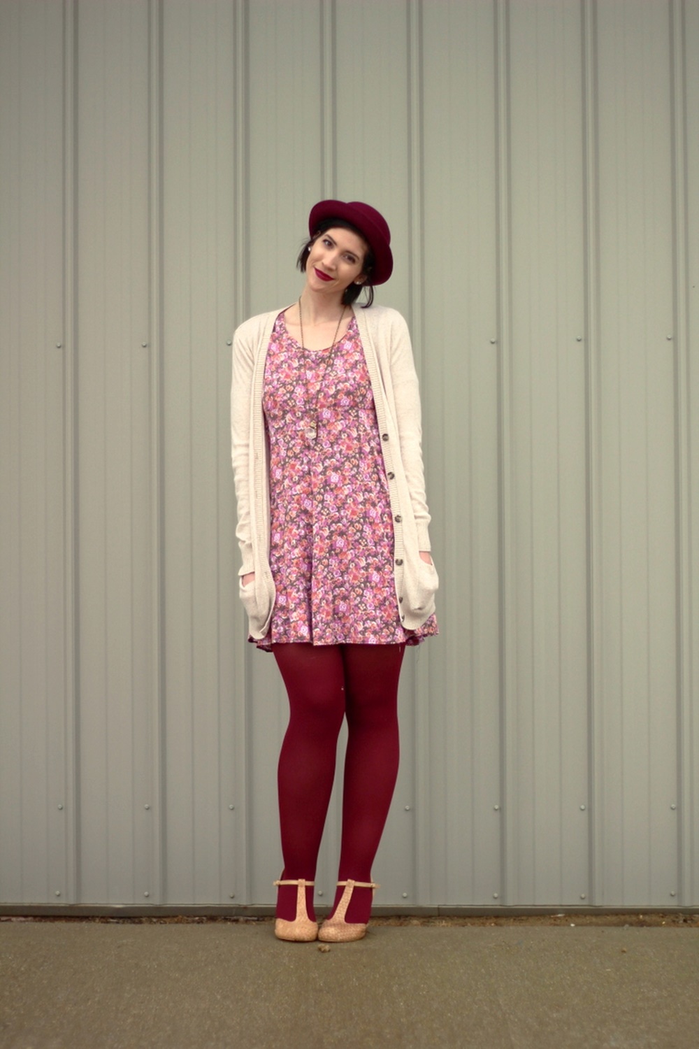 Valentine's Day outfit Thrifted floral dress, beige cardigan, bowler hat, dark lipstick, maroon tights, beige t-strap style high heels