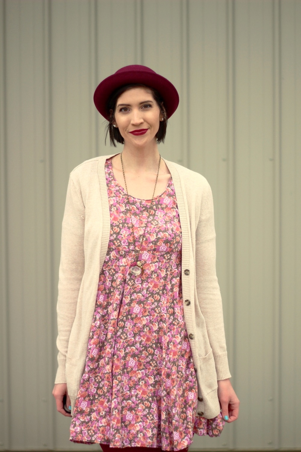 Valentine's Day outfit Thrifted floral dress, beige cardigan, bowler hat, dark lipstick, maroon tights, beige t-strap style high heels