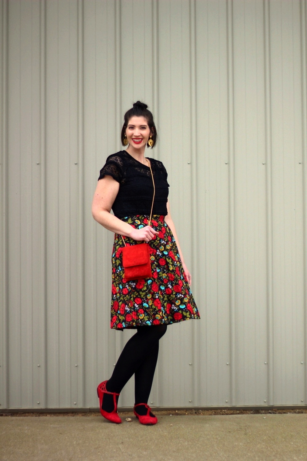 Black lace top, thrifted floral skirt, Revlon Really Red lipstick, vintage gold lion head earrings, black We Love Colors tights, red purse, red ballet flat shoes