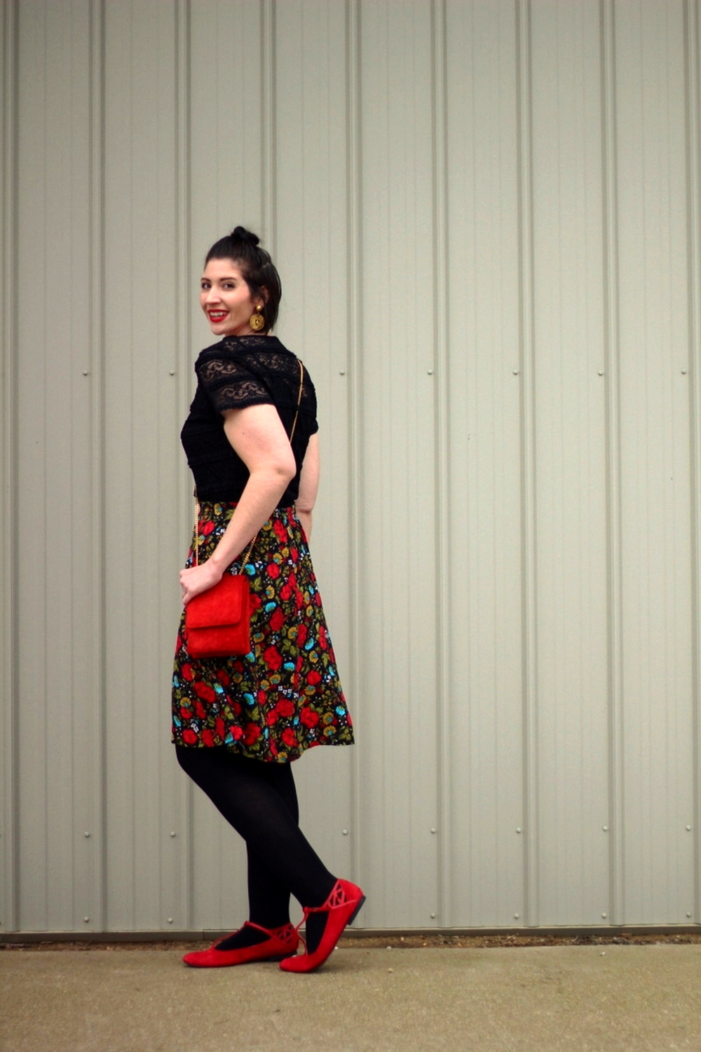 Black lace top, thrifted floral skirt, Revlon Really Red lipstick, vintage gold lion head earrings, black We Love Colors tights, red purse, red ballet flat shoes