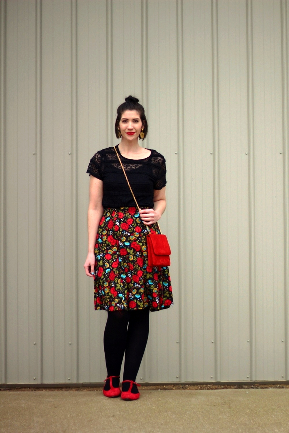 Black lace top, thrifted floral skirt, Revlon Really Red lipstick, vintage gold lion head earrings, black We Love Colors tights, red purse, red ballet flat shoes