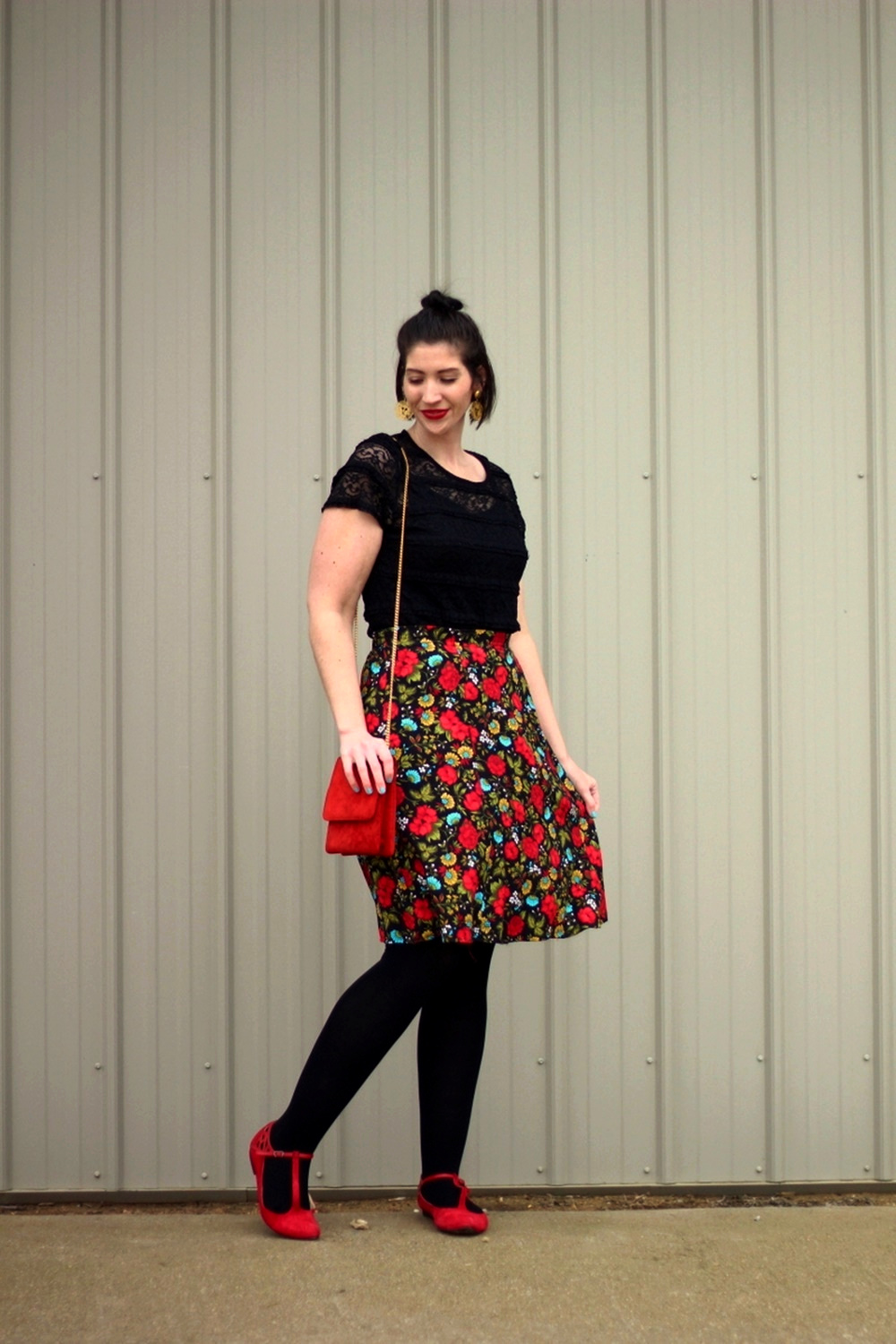 Black lace top, thrifted floral skirt, Revlon Really Red lipstick, vintage gold lion head earrings, black We Love Colors tights, red purse, red ballet flat shoes