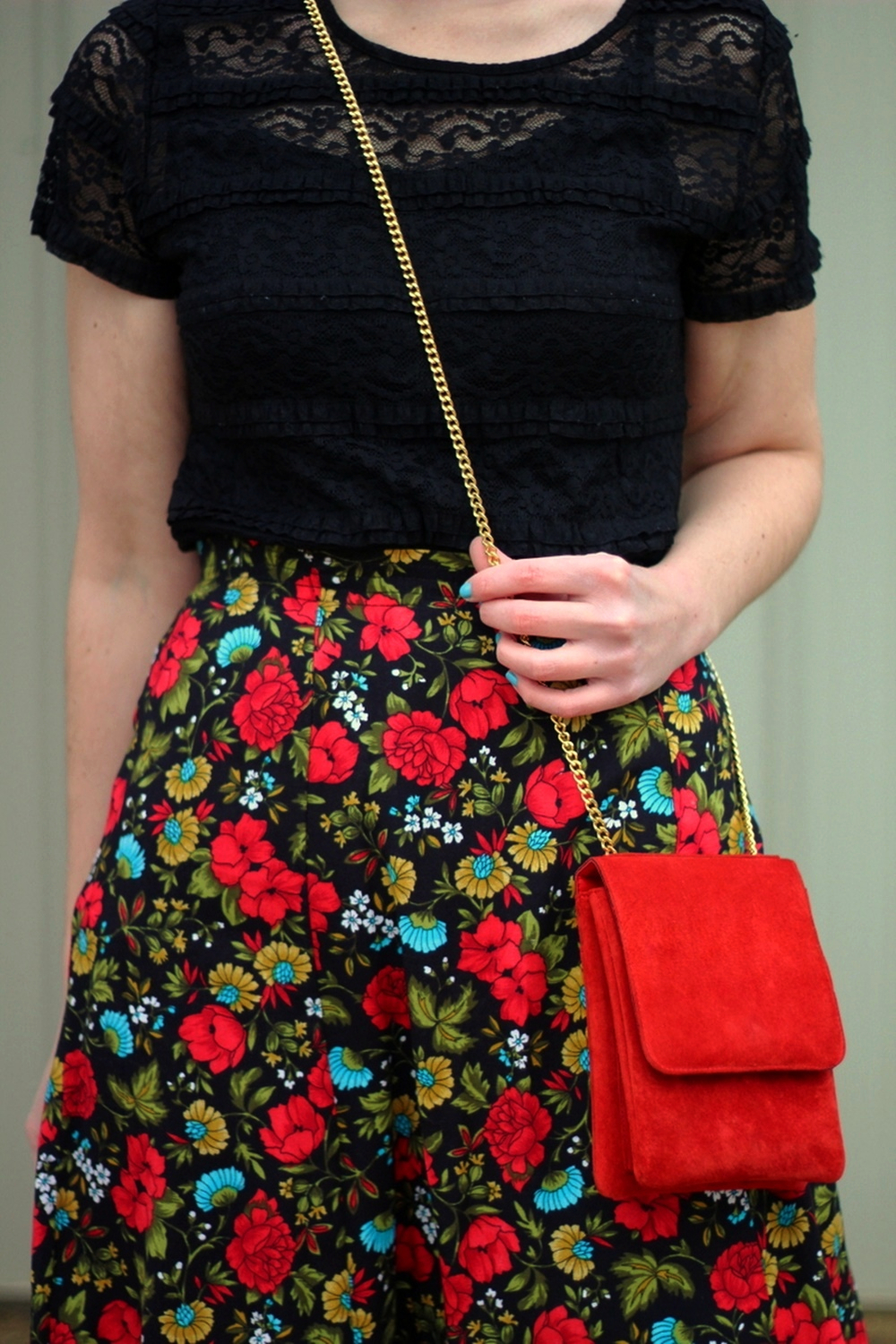 Black lace top, thrifted floral skirt, Revlon Really Red lipstick, vintage gold lion head earrings, black We Love Colors tights, red purse, red ballet flat shoes
