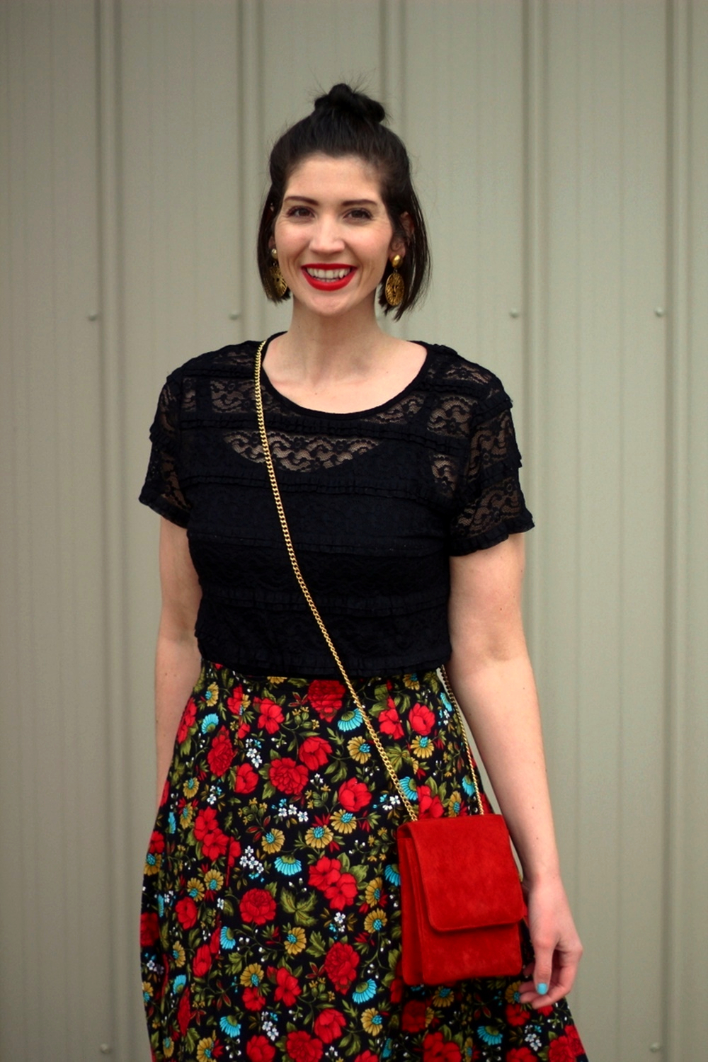 Black lace top, thrifted floral skirt, Revlon Really Red lipstick, vintage gold lion head earrings, black We Love Colors tights, red purse, red ballet flat shoes