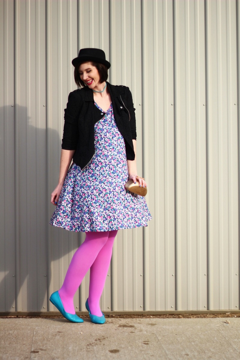 Thrifted ASOS floral dress, black moto jacket, fushia lipstick, ASOS pork pie hat, DIY choker, DIY clutch, orchid pink We Love Colors tights, vintage teal flats