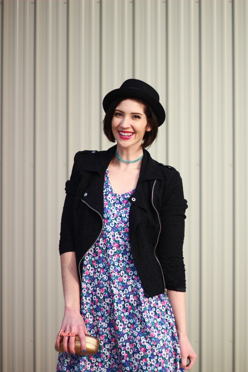 Thrifted ASOS floral dress, black moto jacket, fushia lipstick, ASOS pork pie hat, DIY choker, DIY clutch, orchid pink We Love Colors tights, vintage teal flats