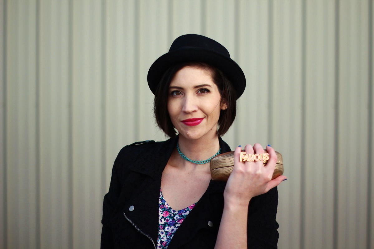 Thrifted ASOS floral dress, black moto jacket, fushia lipstick, ASOS pork pie hat, DIY choker, DIY clutch, orchid pink We Love Colors tights, vintage teal flats