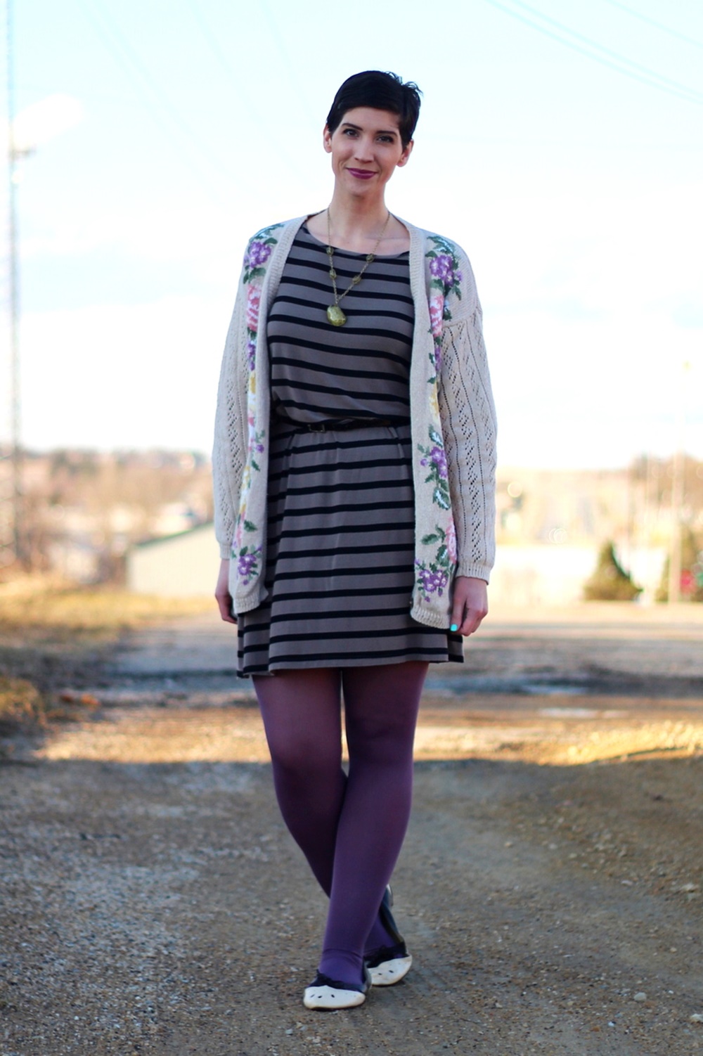 Dressing Up A Grandma Cardigan | theoutfitrepeater.com Embroidered grandma cardigan, striped dress, purple lipstick, We Love Colors Mocha tights, brown cream ballet flats