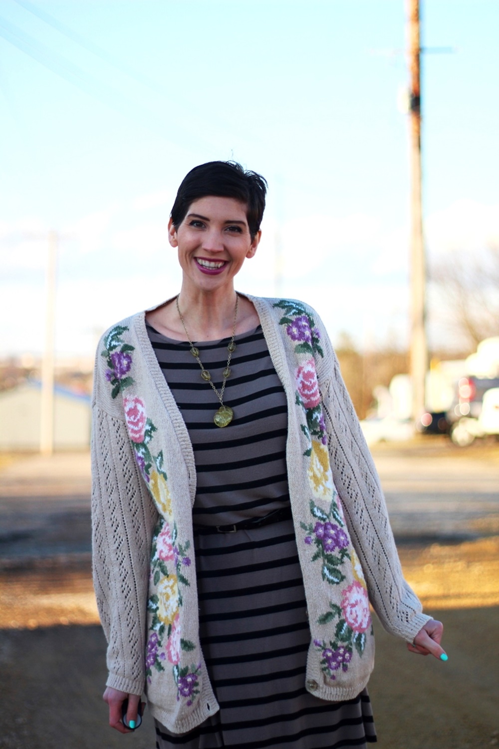Dressing Up A Grandma Cardigan | theoutfitrepeater.com Embroidered grandma cardigan, striped dress, purple lipstick, We Love Colors Mocha tights, brown cream ballet flats