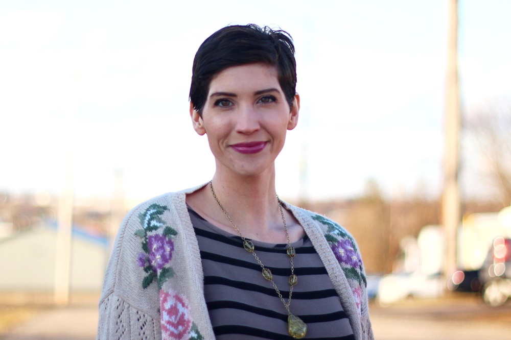 Embroidered grandma cardigan, striped dress, purple lipstick, We Love Colors Mocha tights, brown cream ballet flats
