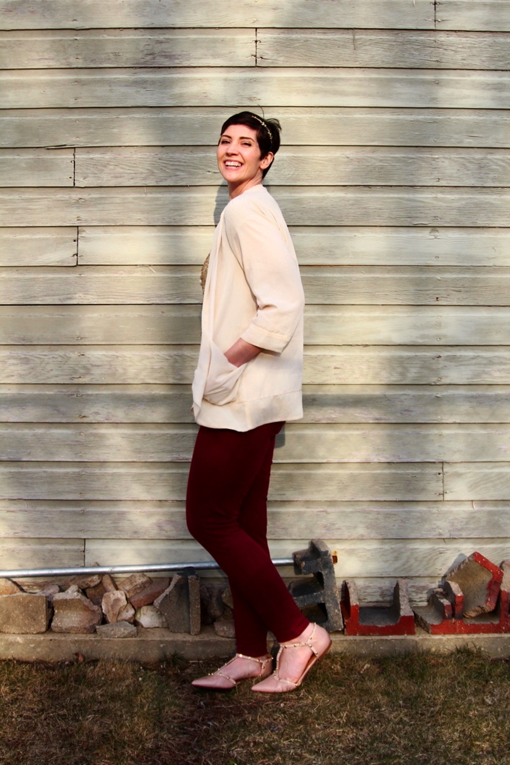 Gold sequin t-shirt, cream color cover-up, crown necklace, gold leaf headband, thrifted maroon jeggings, ThredUp nude flats