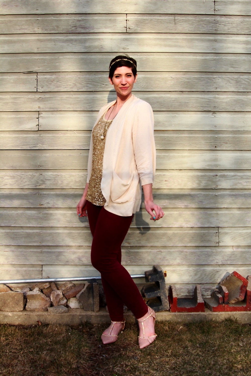 Gold sequin t-shirt, cream color cover-up, crown necklace, gold leaf headband, thrifted maroon jeggings, ThredUp nude flats