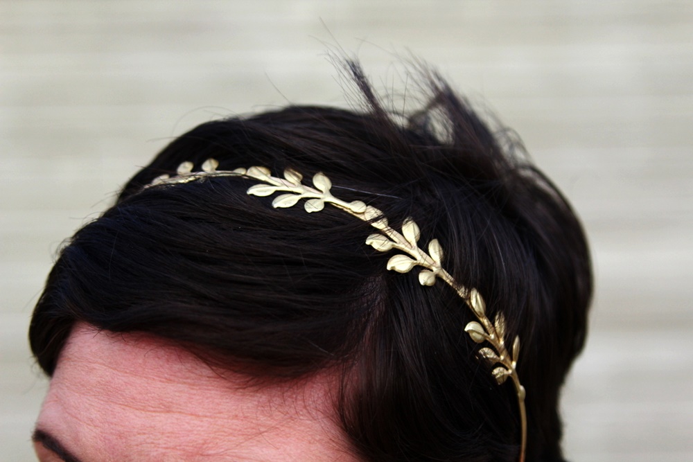 Gold sequin t-shirt, cream color cover-up, crown necklace, gold leaf headband, thrifted maroon jeggings, ThredUp nude flats